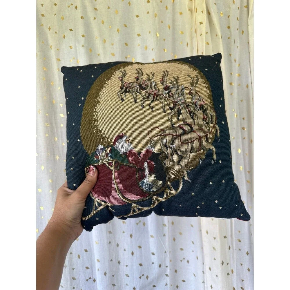 Christmas Eve Santa Reindeers Delivering Presents Tapestry Holiday Pillow
